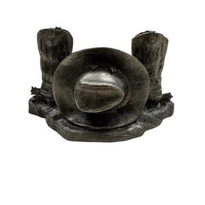 Decorative Western-themed pewter sculpture featuring cowboy hat & pair of boots